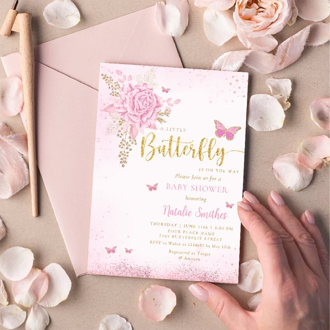 Blush Pink Watercolor Butterfly Girl Baby Shower Invitation (Creator Uploaded)