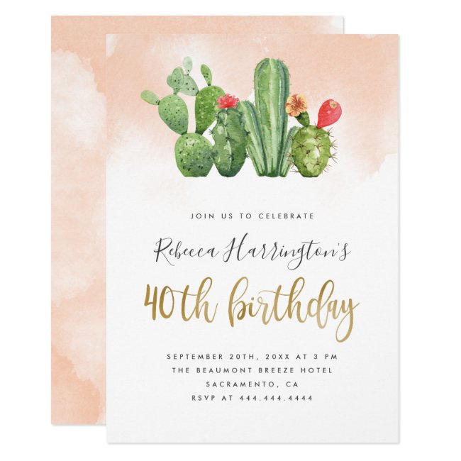 Blush Pink Watercolor & Cactus 40th Birthday Invitation