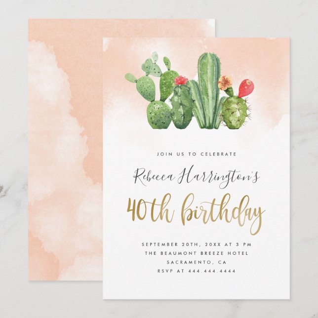 Blush Pink Watercolor & Cactus 40th Birthday Invitation (Front/Back)