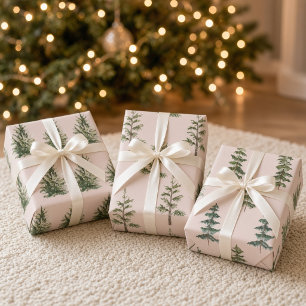 Blush Pink Watercolor Christmas Pine Trees Wrapping Paper Sheets