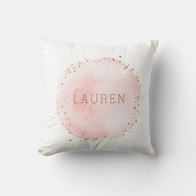 Blush Pink Watercolor Circle Gold Dots Throw Pillow (Front)