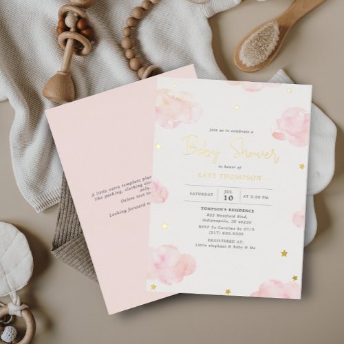 Blush Pink Watercolor Clouds Girl Baby Shower Gold Foil Invitation