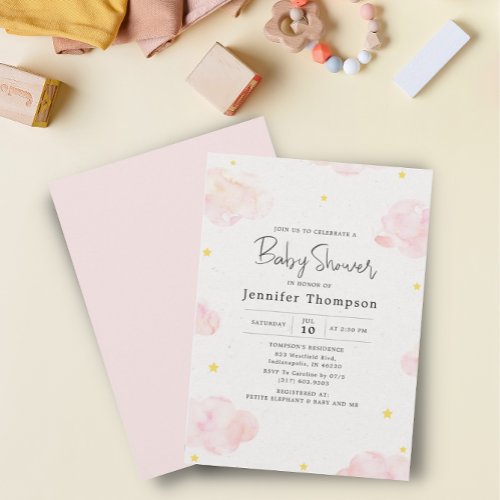 Blush Pink Watercolor Clouds Girl Baby Shower Invitation