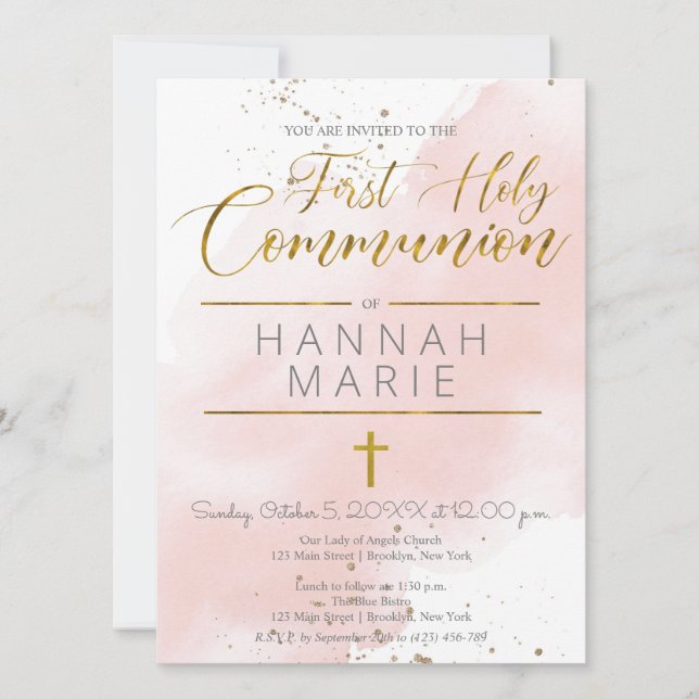 Blush Pink Watercolor Communion Invitation (Front)