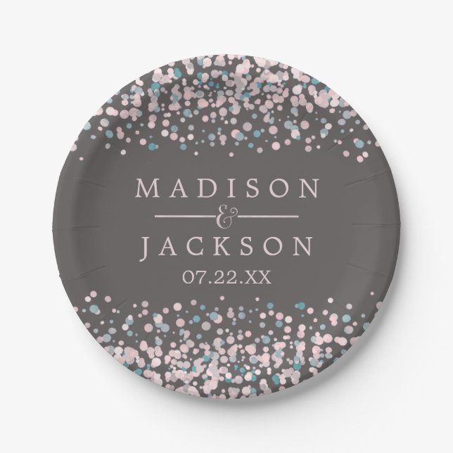 Blush Pink Watercolor Confetti Wedding Monogram Paper Plates (Front)