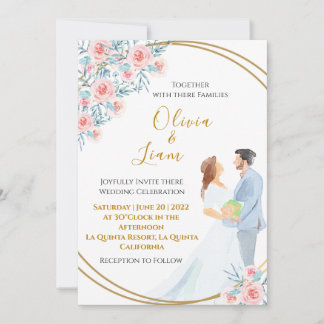 Blush Pink Watercolor Couple and Roses Wedding Invitation
