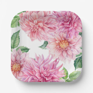 Blush Pink Watercolor Dahlia Floral Pattern Paper Plates