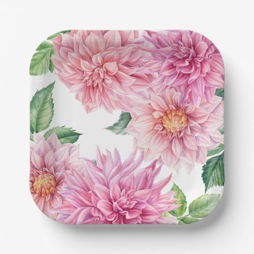 Blush Pink Watercolor Dahlia Floral Pattern Paper Plates