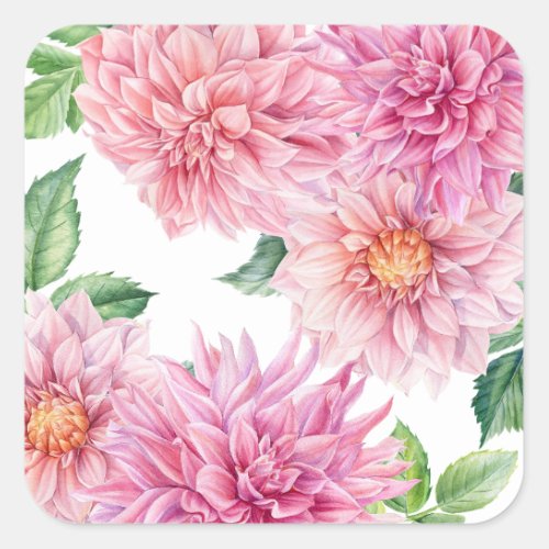 Blush Pink Watercolor Dahlia Floral Pattern Square Sticker