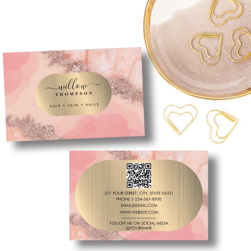 Blush Pink Watercolor Faux Gold Foil QR Code Business Card