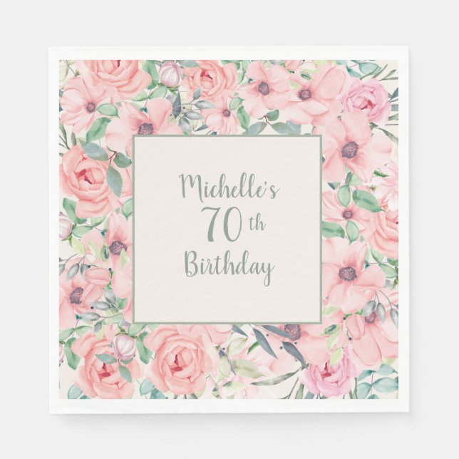 Blush Pink Watercolor Floral 70th Birthday Napkins (Front)