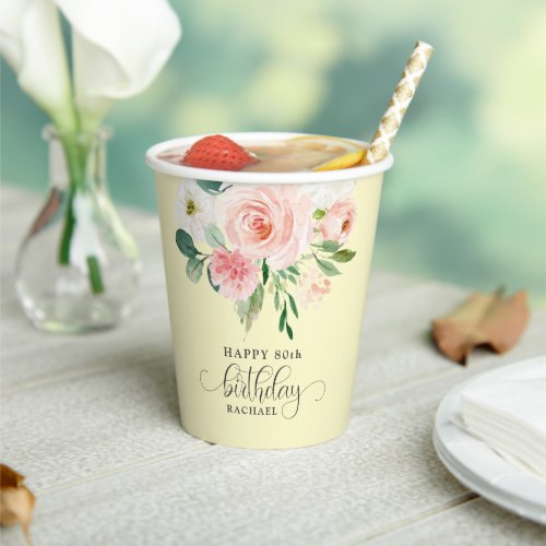 Blush Pink Watercolor Floral 80th Birthday Paper Cups