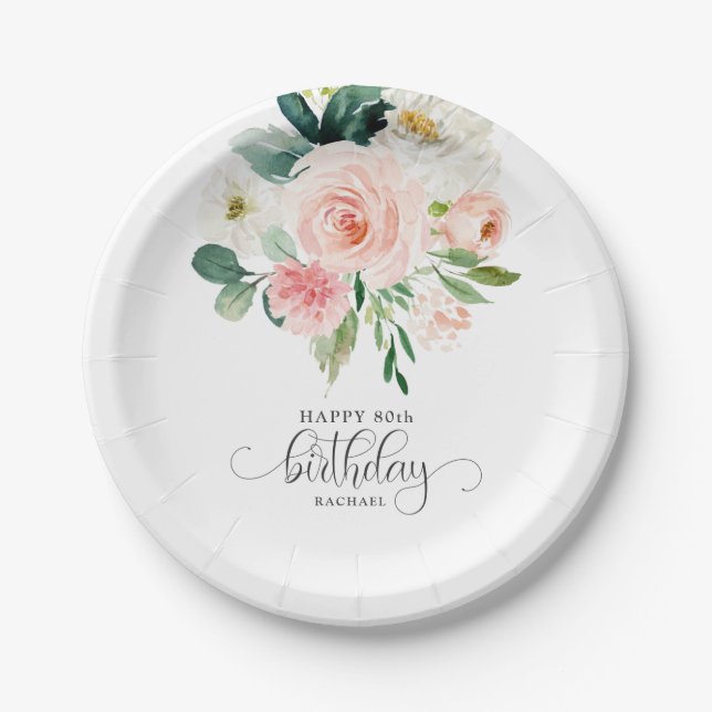 Blush Pink Watercolor Floral 80th Birthday Paper Plates (Front)