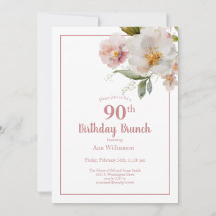 Blush Pink Watercolor Floral 90th Birthday Brunch Invitation