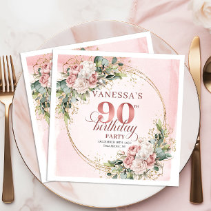 Blush Pink Watercolor Floral 90th Birthday Party   Napkins