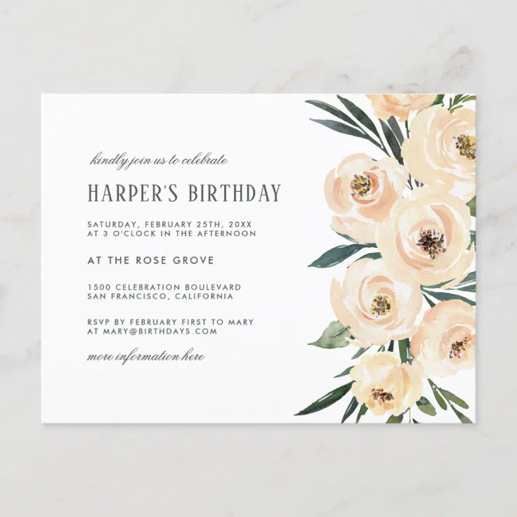 Blush Pink Watercolor Floral Adult Birthday Party Invitation Postcard Zazzle