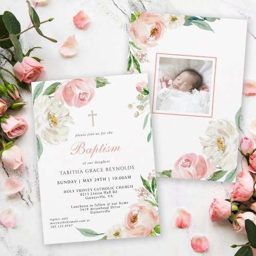 Blush Pink Watercolor Floral Baby Baptism Invitation