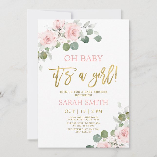 Blush pink watercolor floral Baby Shower girl Invitation (Front)