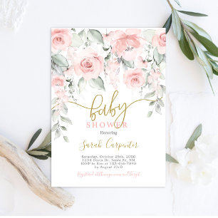 Blush pink watercolor floral baby shower girl invitation