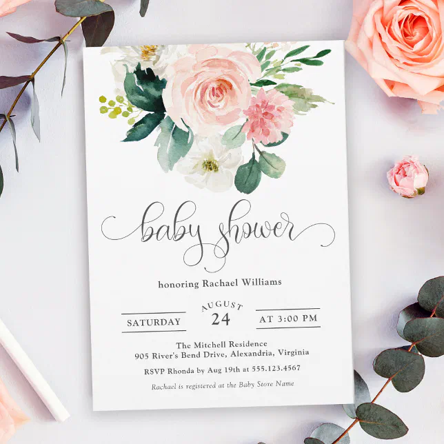 Blush Pink Watercolor Floral Baby Shower Invitation | Zazzle
