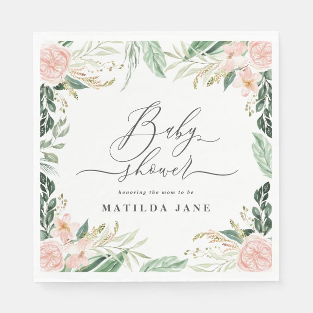 Blush pink watercolor floral baby shower napkins (Front)
