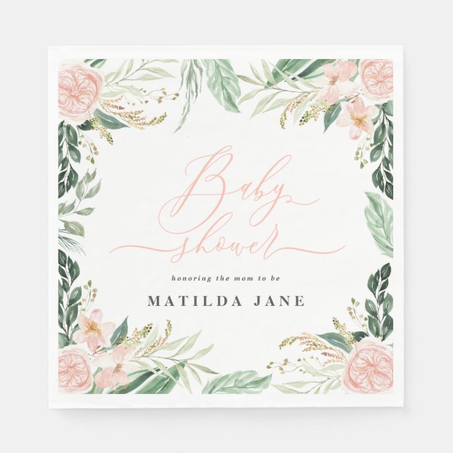 Blush pink watercolor floral baby shower napkins (Front)