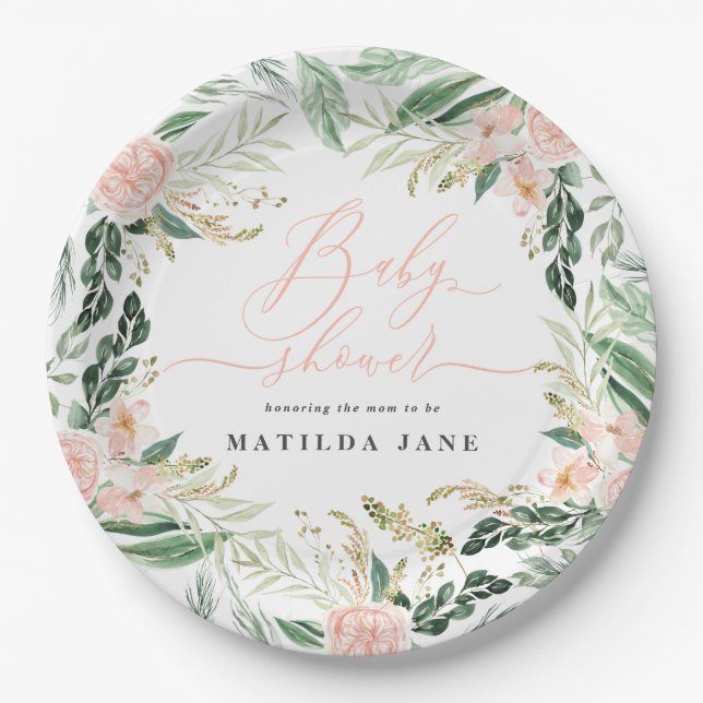 Blush pink watercolor floral baby shower paper plates (Front)