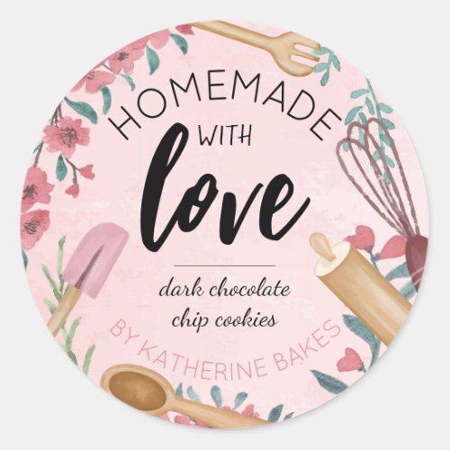 Blush Pink Watercolor Floral  Baking Utensil Classic Round Sticker