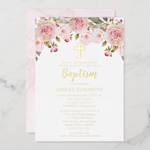 Blush Pink Watercolor Floral Baptism Foil Invitation