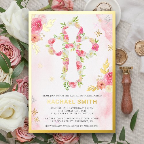 Blush Pink Watercolor Floral Baptism Gold Foil Invitation
