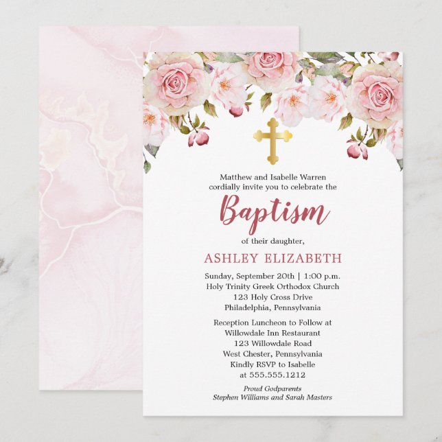 Blush Pink Watercolor Floral Baptism Invitation (Front/Back)