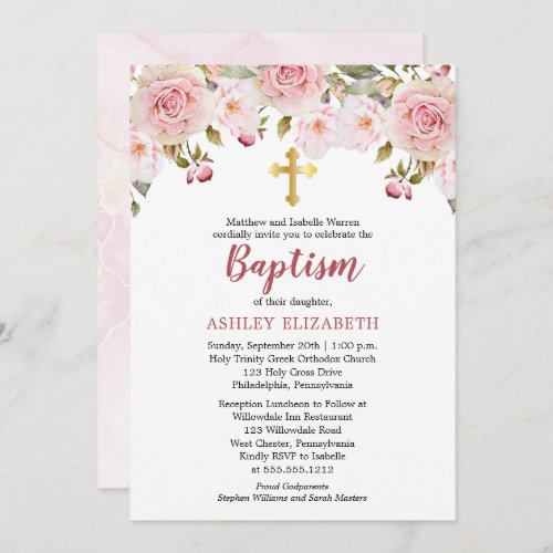 Blush Pink Watercolor Floral Baptism Invitation