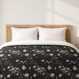 Blush Pink Watercolor Floral Black Duvet Cover