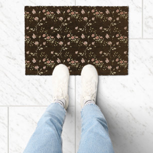 Blush Pink Watercolor Floral Black Fiber Doormat