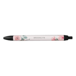 Blush Pink Watercolor Floral Black Ink Pen