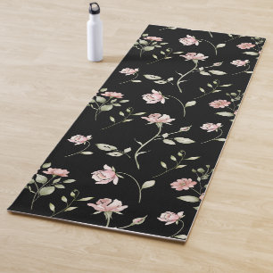 Blush Pink Watercolor Floral Black Yoga Mat