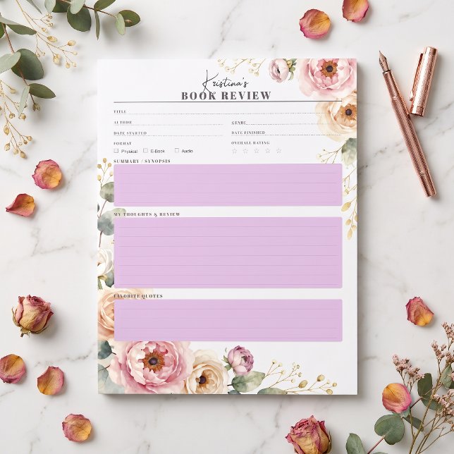Blush Pink Watercolor Floral Book Review Reading Notepad (Creator Uploaded)