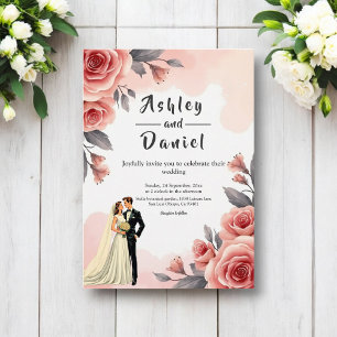 Blush Pink Watercolor Floral Bride & Groom Wedding Invitation