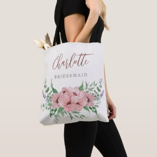 Blush pink watercolor floral Bridesmaid tote Bag