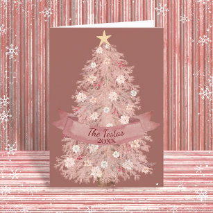 Blush Pink Watercolor Floral Christmas Tree Folded Holiday Card