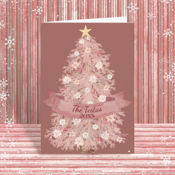 Blush Pink Watercolor Floral Christmas Tree Folded Holiday Card by SugarSparkle at Zazzle