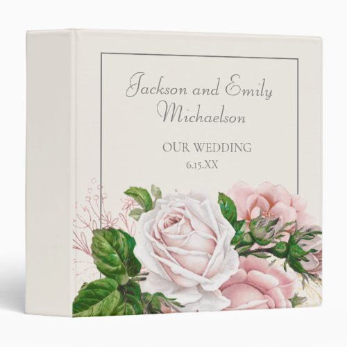 Blush Pink Watercolor Floral Cream Wedding 3 Ring Binder