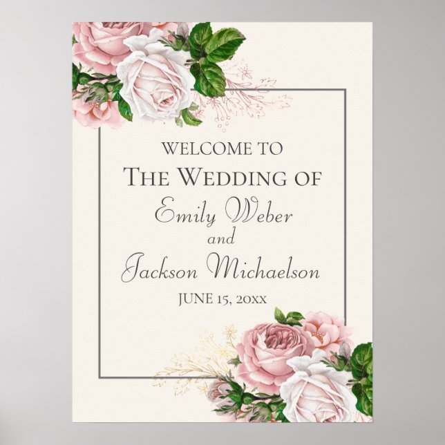 Blush Pink Watercolor Floral Cream Wedding Welcome Poster (Front)