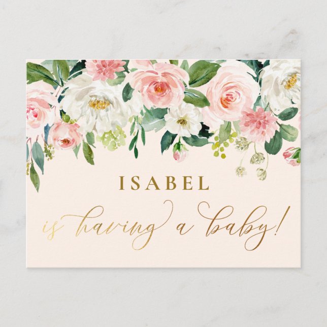 Blush Pink Watercolor Floral Farmhouse Baby Shower Postcard (Front)