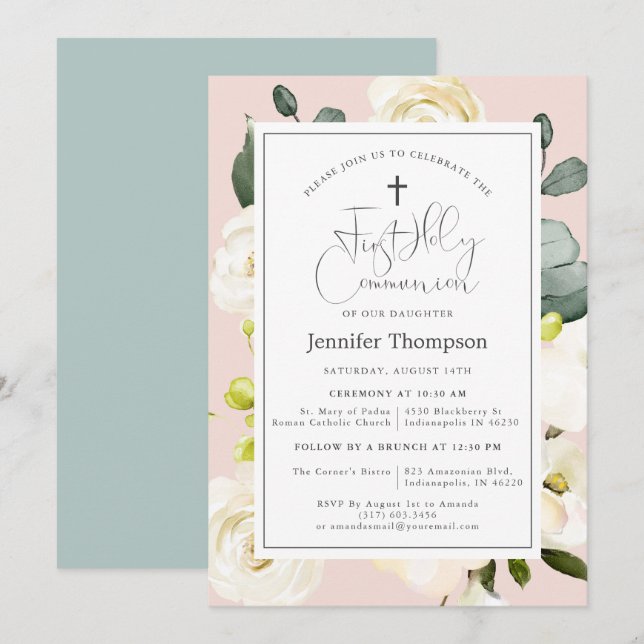 Blush Pink Watercolor Floral First Communion Invitation (Front/Back)