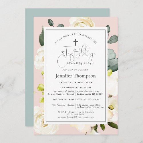 Blush Pink Watercolor Floral First Communion Invitation