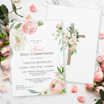 Blush Pink Watercolor Floral First Communion Invitation by DancingPelican at Zazzle