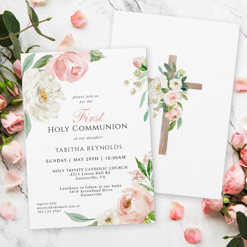 Blush Pink Watercolor Floral First Communion Invitation