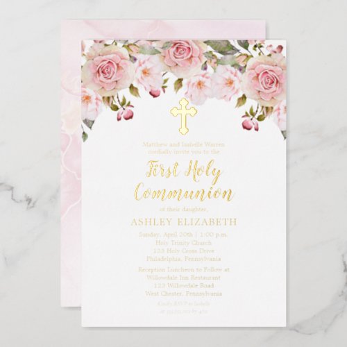Blush Pink Watercolor Floral First Holy Communion  Foil Invitation