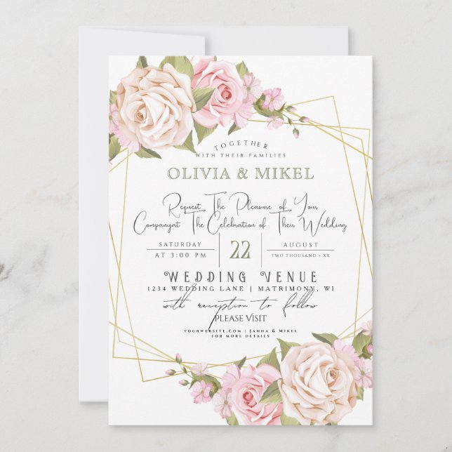 BLUSH PINK WATERCOLOR FLORAL & FRAME GOLD WEDDING INVITATION (Front)